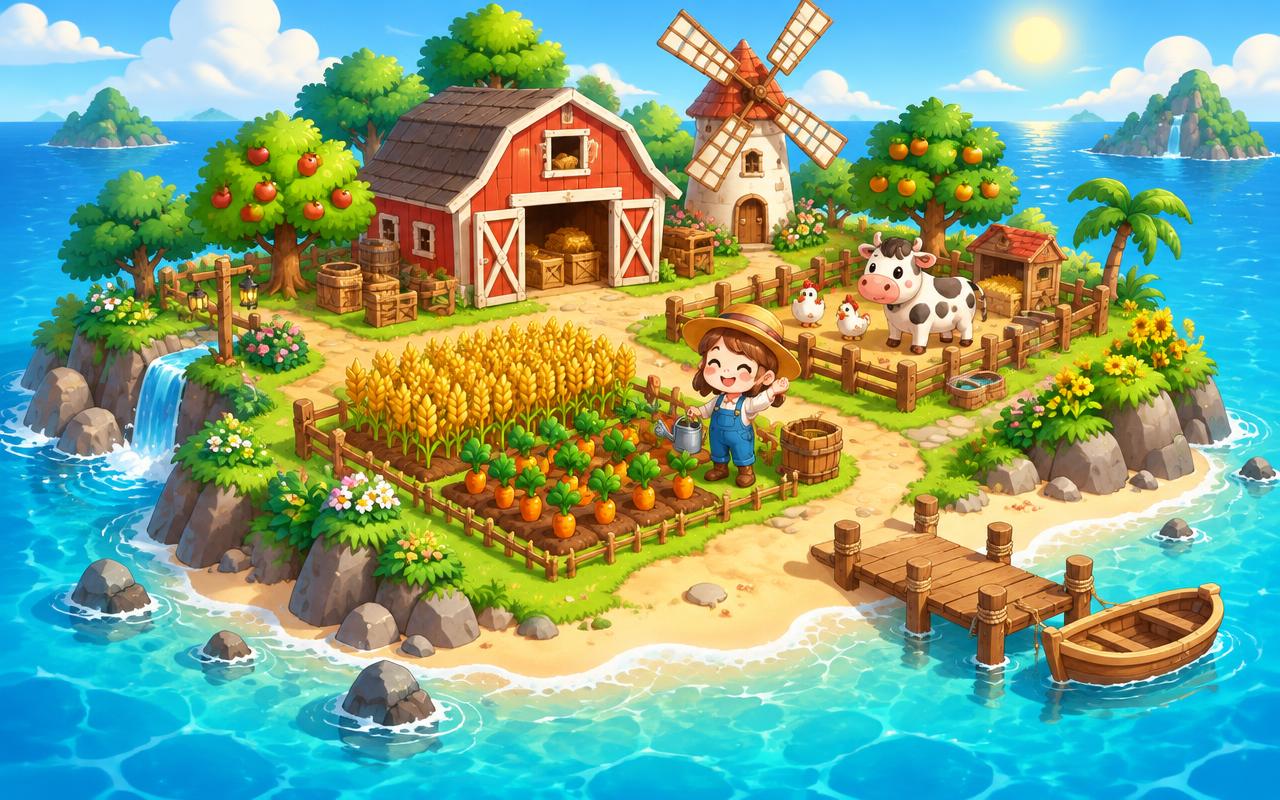 Insel aus Softis Insel mit roter Scheune, Windmühle, Feldern und Tiergehegen im Meer